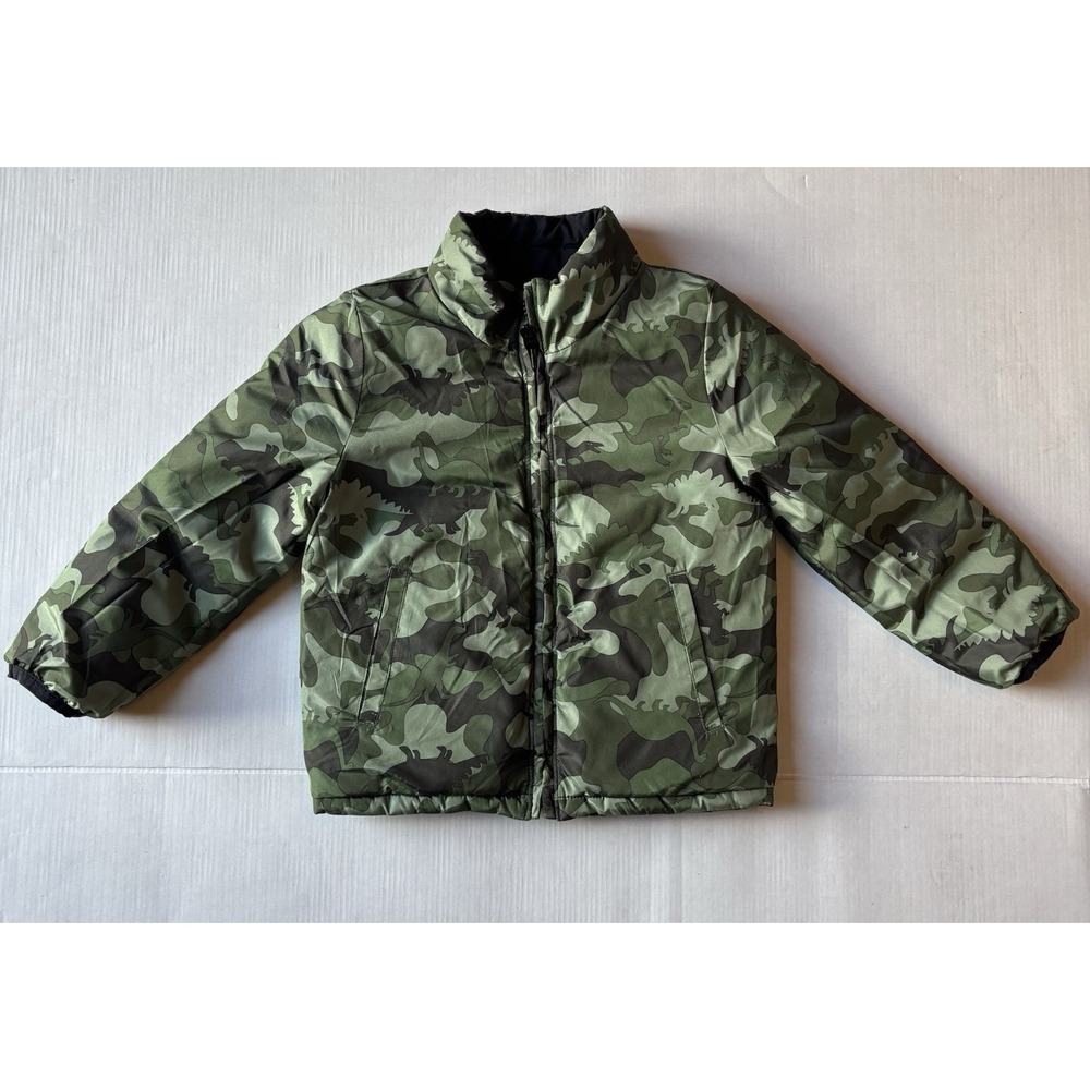 Gap Boys Reversible Black Dinosaur Camouflage Puffer Jacket Cold Control Sz 4‎